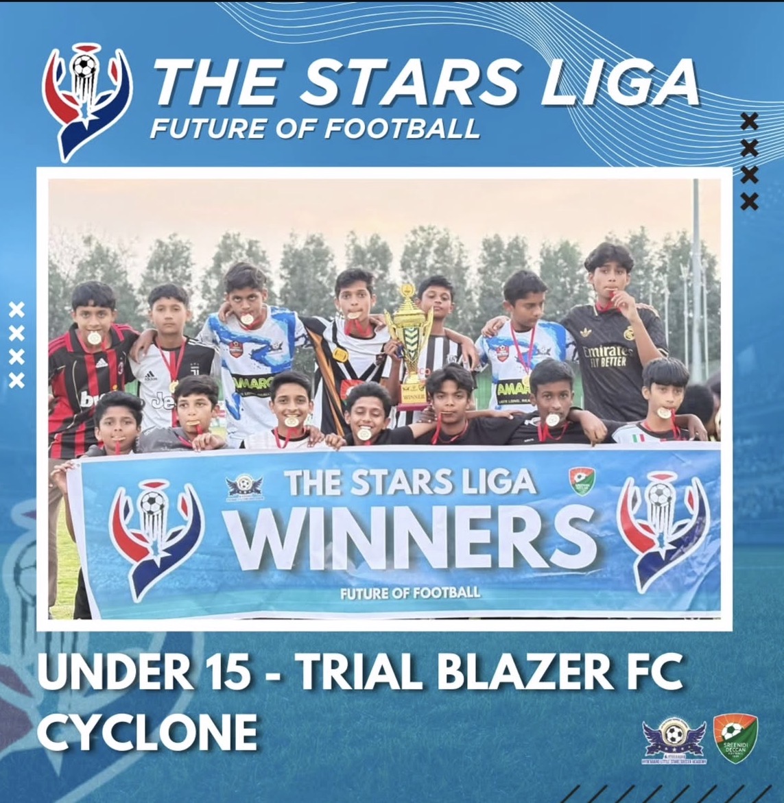 Under 15 winners Trial Blazer FC Cyclone with the trophy and The Stars Liga Winners banner